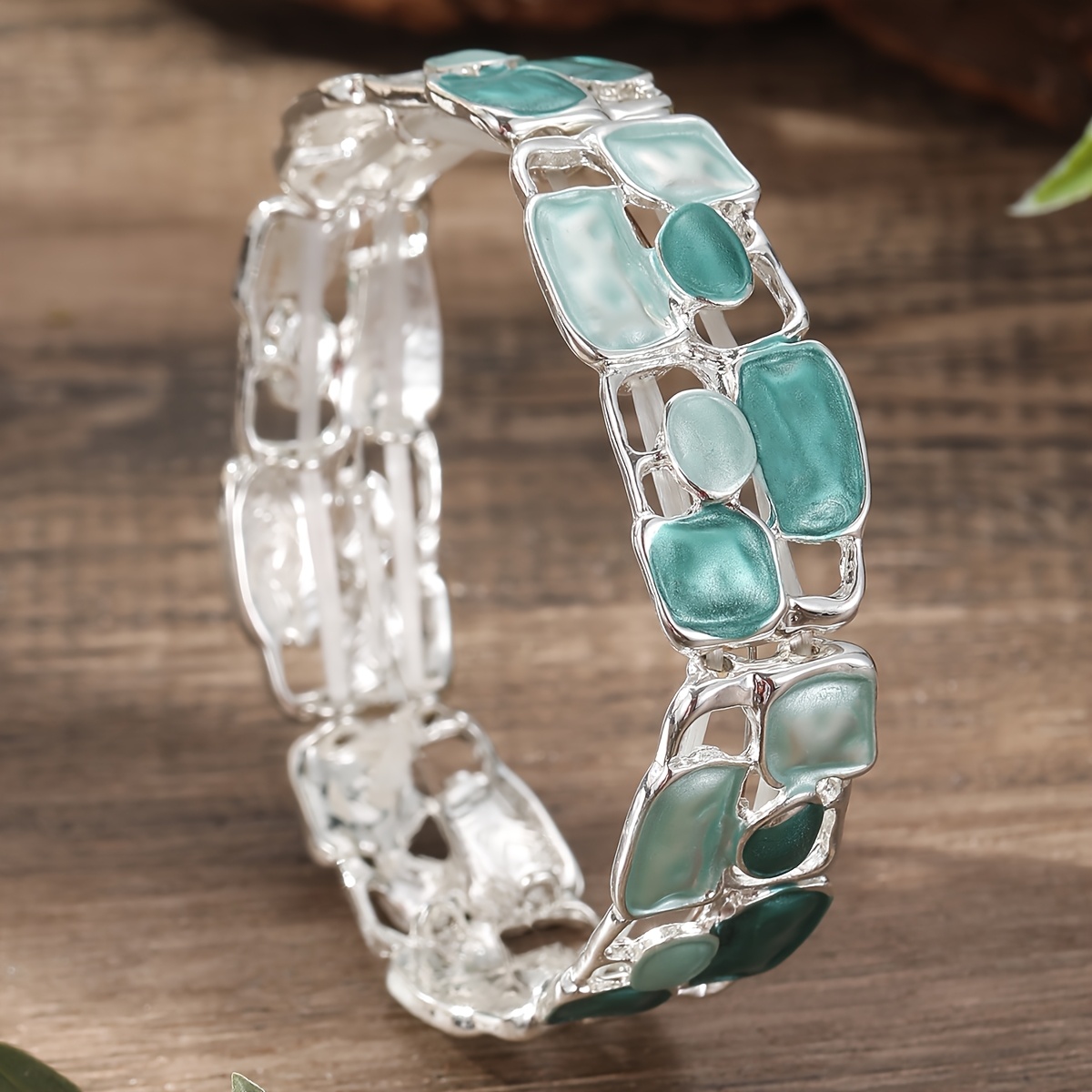 KAMILLE Vintage Silver Plated Geometric Enamel Stretch Bracelet